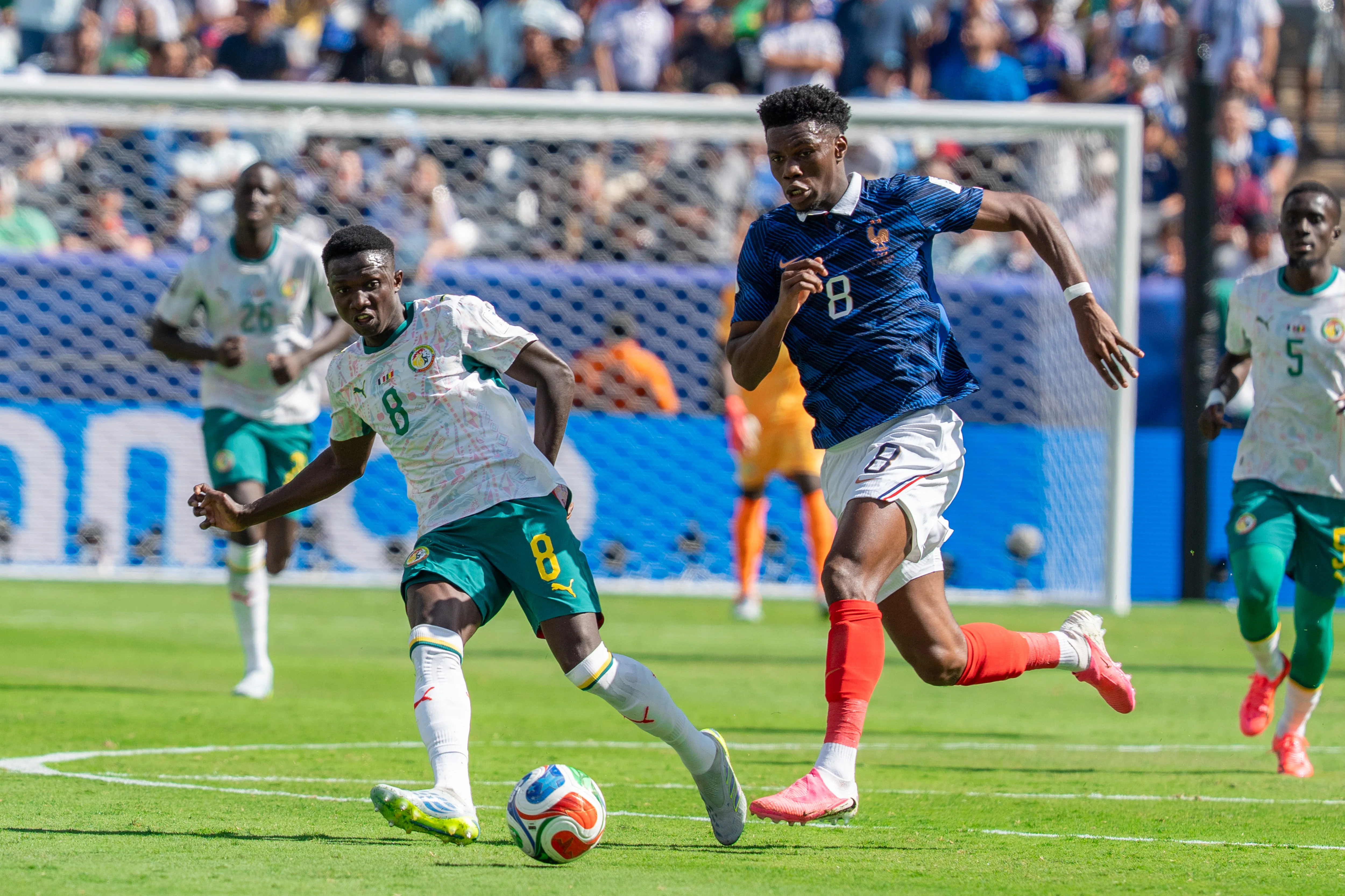 Lamine Camara, Fransa - Senegal maçında Aurélien Tchouaméni ile mücadelede