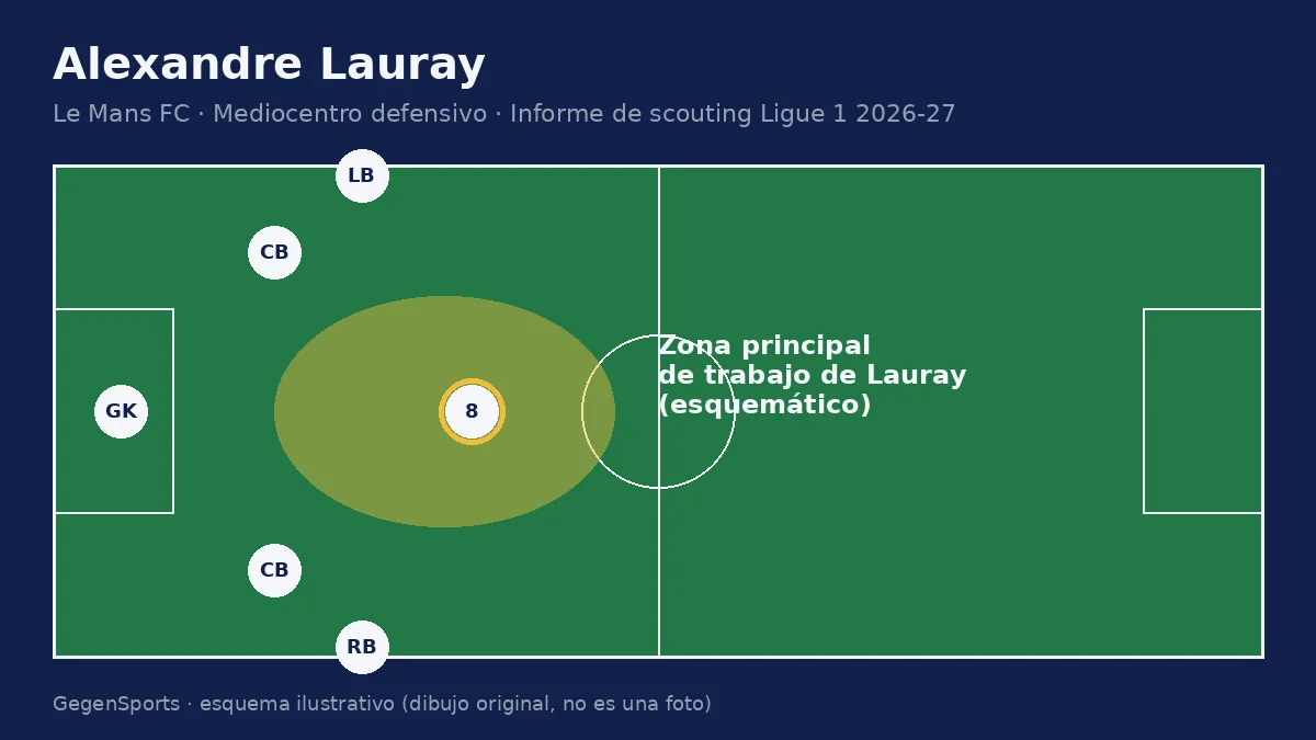Portada del informe de scouting de Alexandre Lauray: mediocentro defensivo del Le Mans FC, esquema del campo