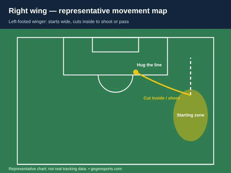 Right-wing representative movement map: starting zone, hugging the line and cutting inside